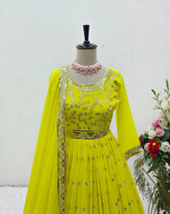 Georgette Lemon Yellow Color Fully Stitched Anarkali Suit