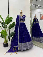 Attractive Georgette Thread Work Navy Blue Color Lehenga Choli