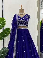 Attractive Georgette Thread Work Navy Blue Color Lehenga Choli