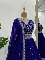 Attractive Georgette Thread Work Navy Blue Color Lehenga Choli