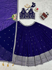 Attractive Georgette Thread Work Navy Blue Color Lehenga Choli