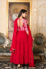 Lovely Red Color Print Work Gown With Dupatta