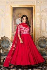 Lovely Red Color Print Work Gown With Dupatta