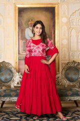 Lovely Red Color Print Work Gown With Dupatta