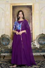 Lovely Wine Color Print Work Gown With Dupatta