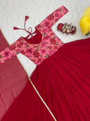 Lovely Red Color Print Work Gown With Dupatta