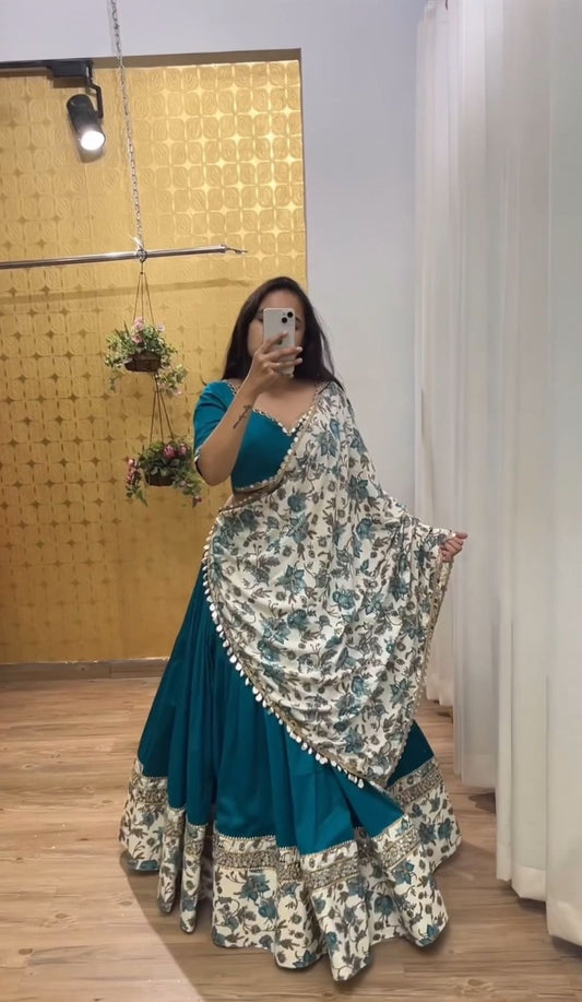 Fashionable Cotton Digital Print With Work Teal Blue Lehenga Choli