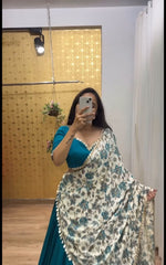 Fashionable Cotton Digital Print With Work Teal Blue Lehenga Choli