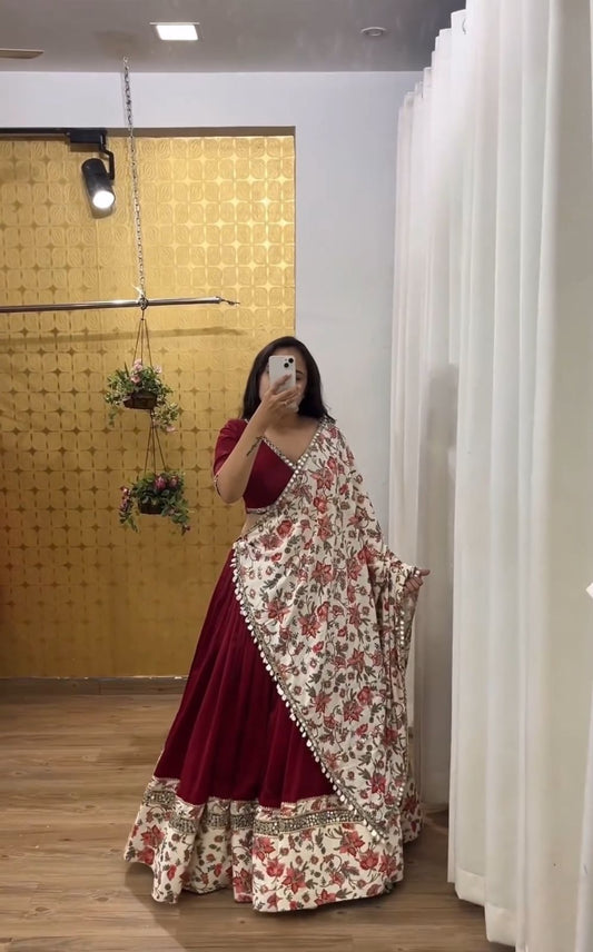 Fashionable Cotton Digital Print With Work Maroon Lehenga Choli