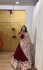 Fashionable Cotton Digital Print With Work Maroon Lehenga Choli