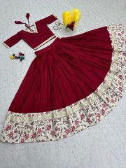 Fashionable Cotton Digital Print With Work Maroon Lehenga Choli