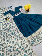 Fashionable Cotton Digital Print With Work Teal Blue Lehenga Choli