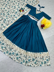 Fashionable Cotton Digital Print With Work Teal Blue Lehenga Choli