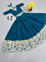 Fashionable Cotton Digital Print With Work Teal Blue Lehenga Choli