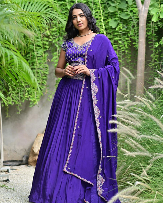 Lovely Chinon Embroidery Thread Work Purple Color Lehenga Choli