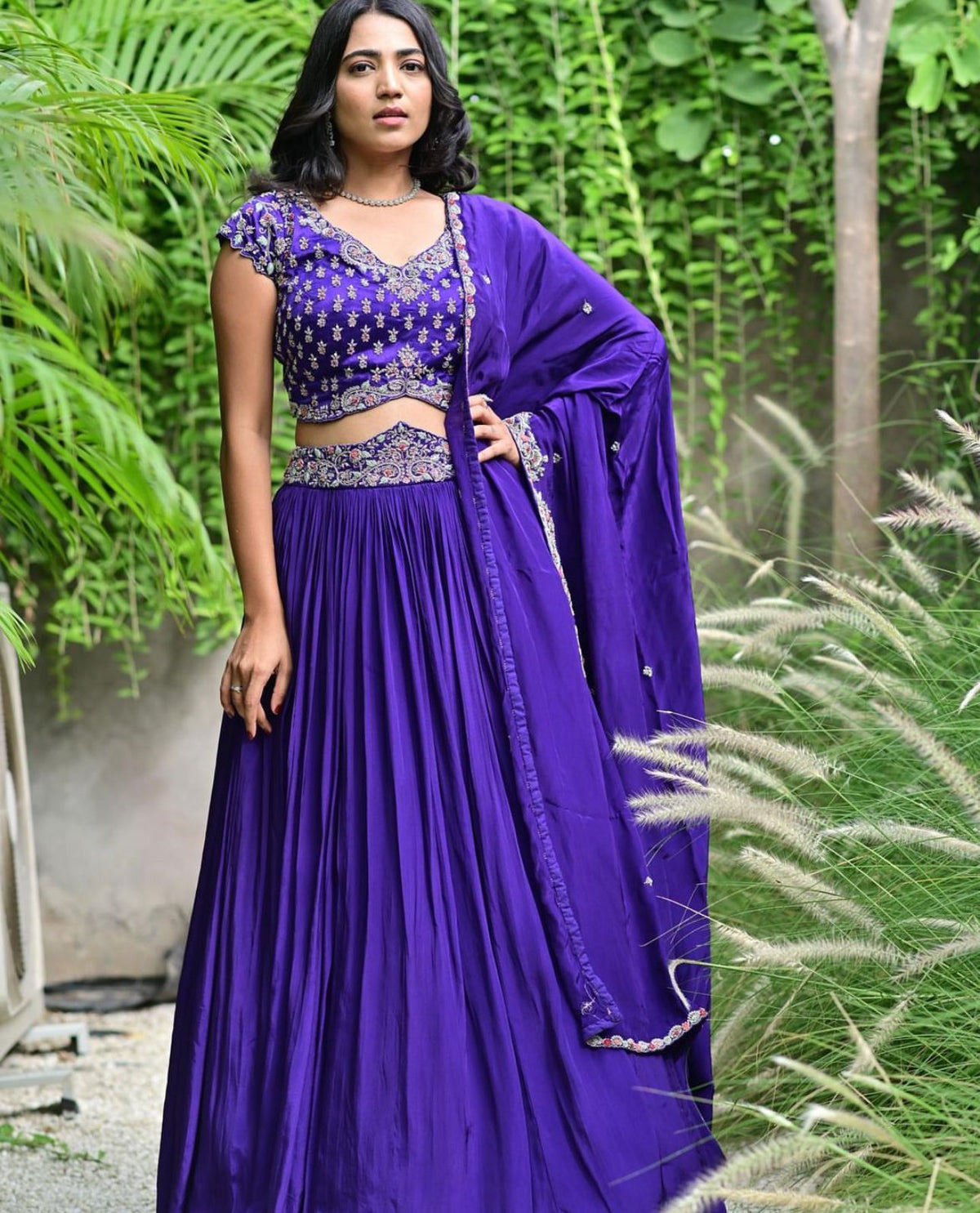 Lovely Chinon Embroidery Thread Work Purple Color Lehenga Choli