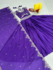 Lovely Chinon Embroidery Thread Work Purple Color Lehenga Choli