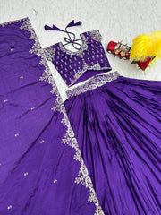 Lovely Chinon Embroidery Thread Work Purple Color Lehenga Choli