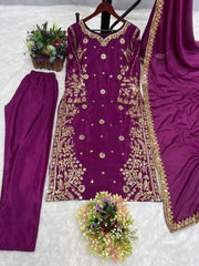 Beautiful Wine Golden Embroidery Sequence Work Salwar Suit