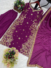 Beautiful Wine Golden Embroidery Sequence Work Salwar Suit