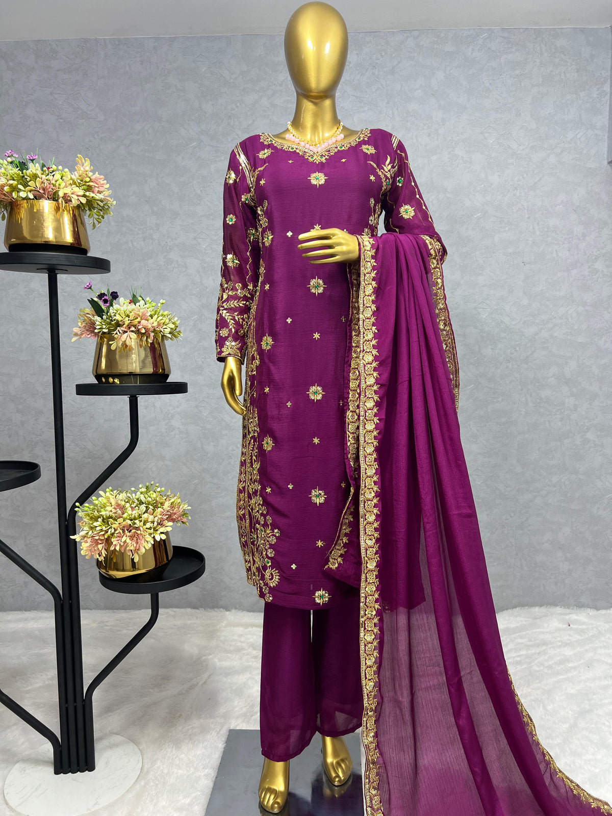 Beautiful Wine Golden Embroidery Sequence Work Salwar Suit