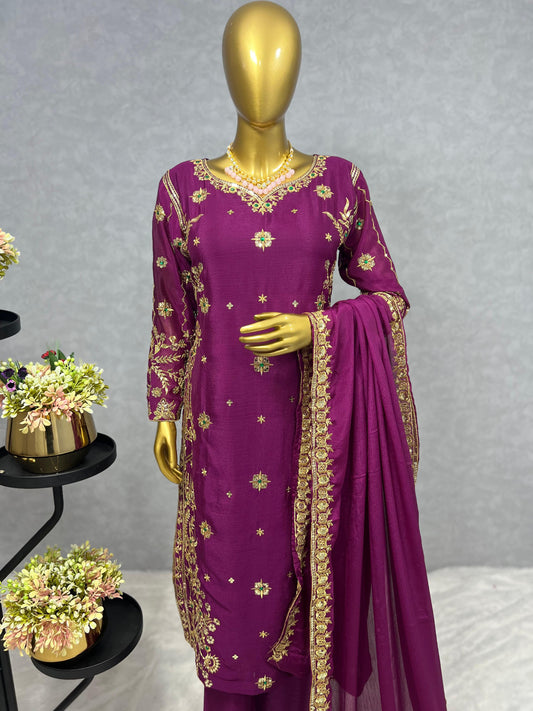 Beautiful Wine Golden Embroidery Sequence Work Salwar Suit