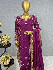 Beautiful Wine Golden Embroidery Sequence Work Salwar Suit