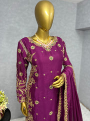 Beautiful Wine Golden Embroidery Sequence Work Salwar Suit