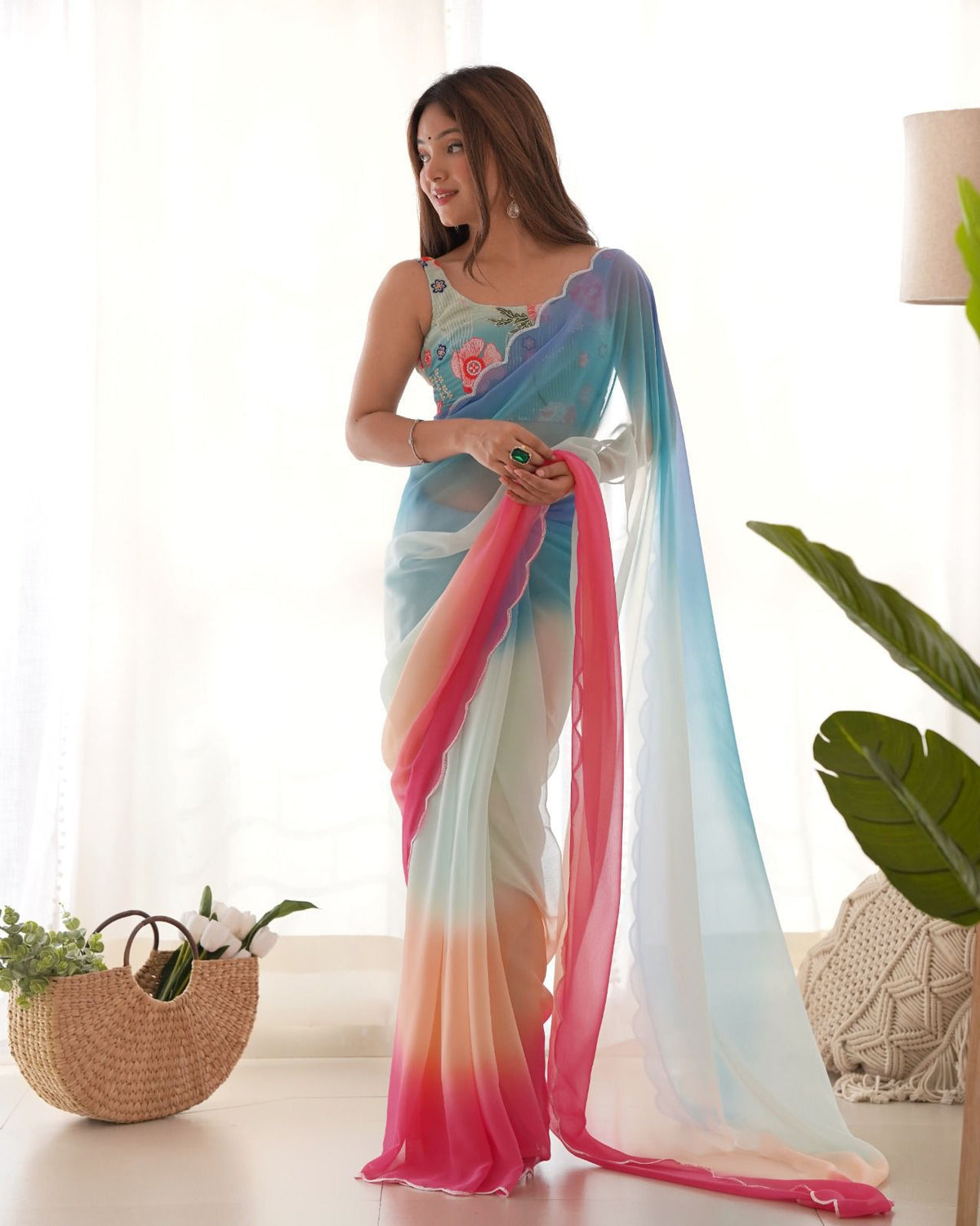 Presenting Georgette Double Shade Print With Sky Blue Color Saree