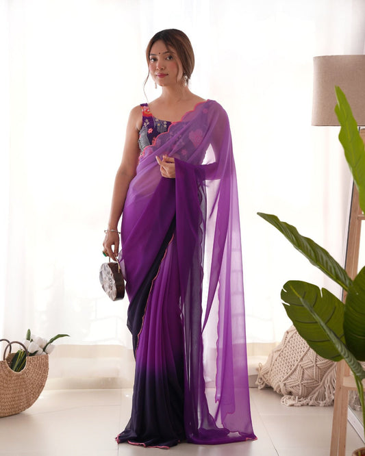 Presenting Georgette Double Shade Print With Purple Color Saree