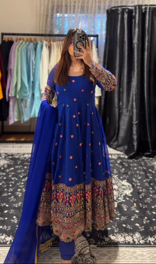 Marvelous Sequence Embroidery Work Blue Color Georgette Gown