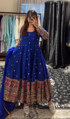 Marvelous Sequence Embroidery Work Blue Color Georgette Gown