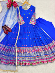 Marvelous Sequence Embroidery Work Blue Color Georgette Gown