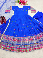 Marvelous Sequence Embroidery Work Blue Color Georgette Gown