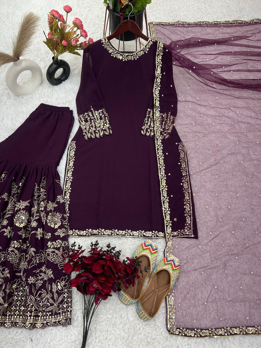 Eyes Catching Sequence Work Wine Color Sharara Suit