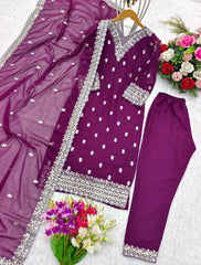 Classic Georgette Sequence Embroidery Work Purple Salwar Suit