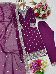 Classic Georgette Sequence Embroidery Work Purple Salwar Suit