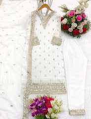 Classic Georgette Sequence Embroidery Work White Salwar Suit