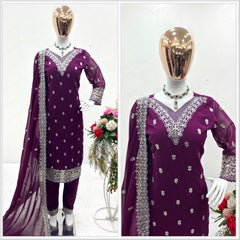 Classic Georgette Sequence Embroidery Work Purple Salwar Suit