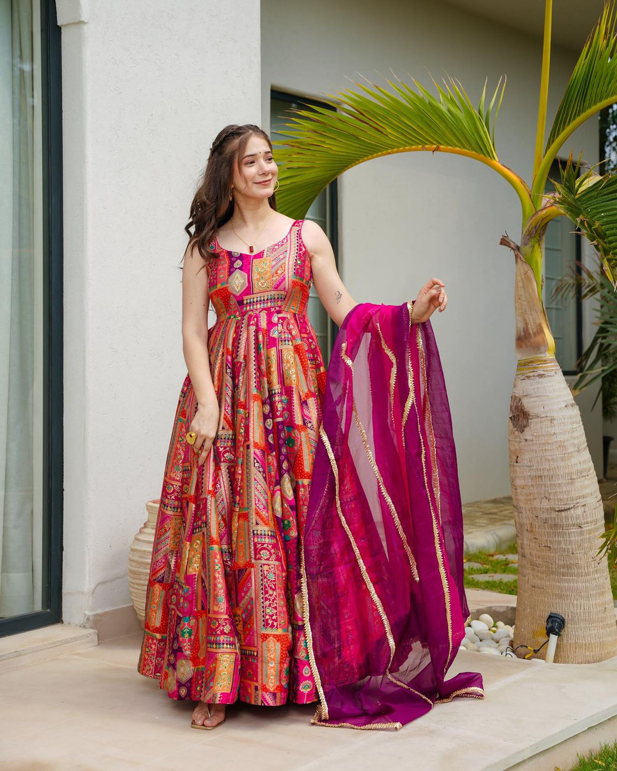 Stylish Digital Printed Multi Color Organza Silk Gown With Dupatta