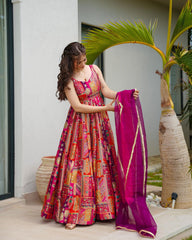 Stylish Digital Printed Multi Color Organza Silk Gown With Dupatta