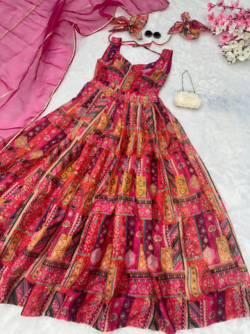 Stylish Digital Printed Multi Color Organza Silk Gown With Dupatta