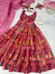 Stylish Digital Printed Multi Color Organza Silk Gown With Dupatta