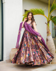 Designer Multi Organza Silk Digital Printed Purple Color Long Gown