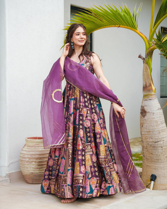 Designer Multi Organza Silk Digital Printed Purple Color Long Gown