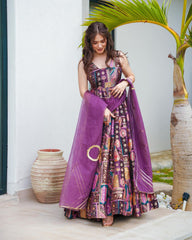 Designer Multi Organza Silk Digital Printed Purple Color Long Gown