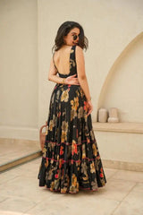 Black Color Digital Printed Full Flair Organza Gown