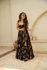 Black Color Digital Printed Full Flair Organza Gown