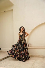 Black Color Digital Printed Full Flair Organza Gown