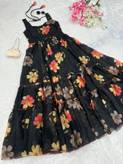 Black Color Digital Printed Full Flair Organza Gown